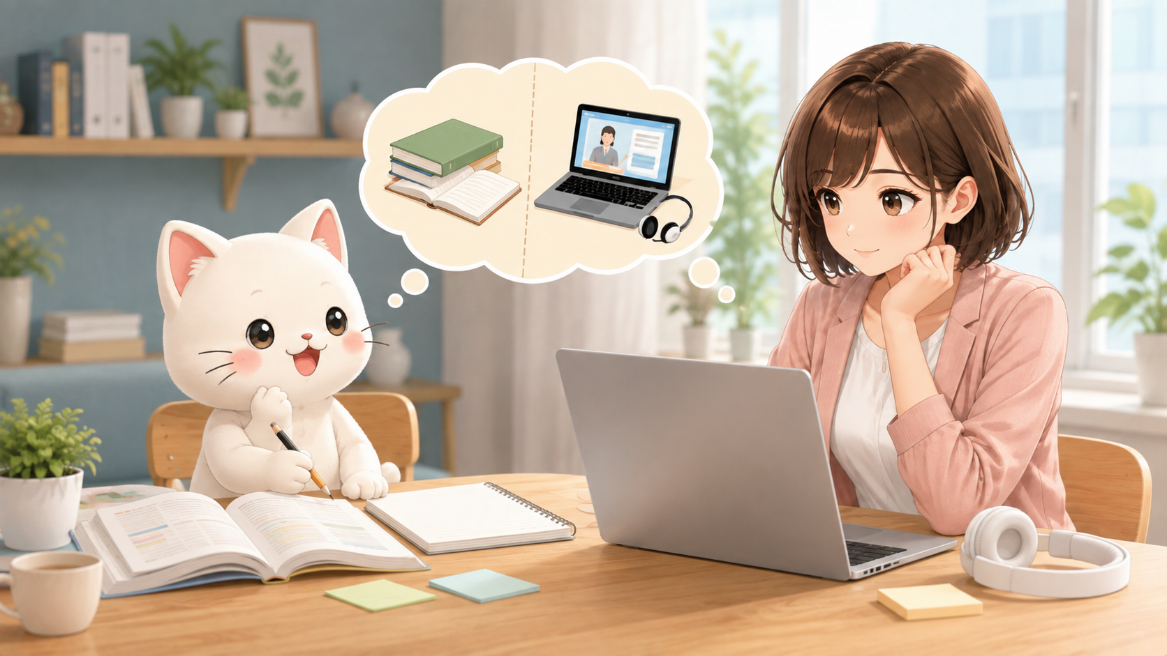 FP3級の独学と通信講座をピッポと後輩ちゃんが比較する様子