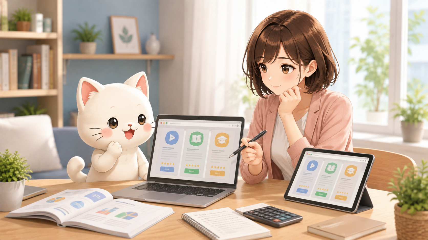 簿記2級の通信講座をピッポと後輩ちゃんが比較する様子