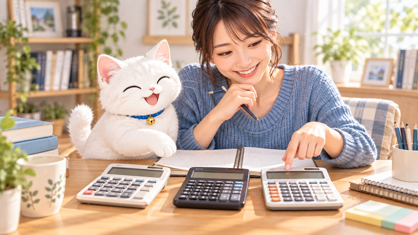 簿記用の電卓3台を比較するピッポと後輩ちゃん